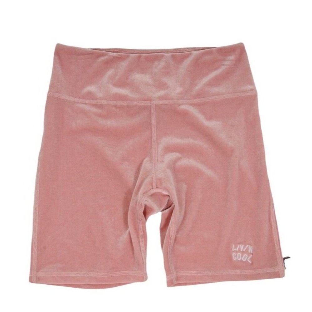 Livin Cool Womens Logo Biker Shorts Size Medium Pink White Velour Stretch Waist